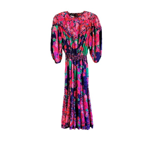 Vintage Diane Freis Original Floral Georgette Dress With Puff Sleeves & Smocked - Picture 1 of 6